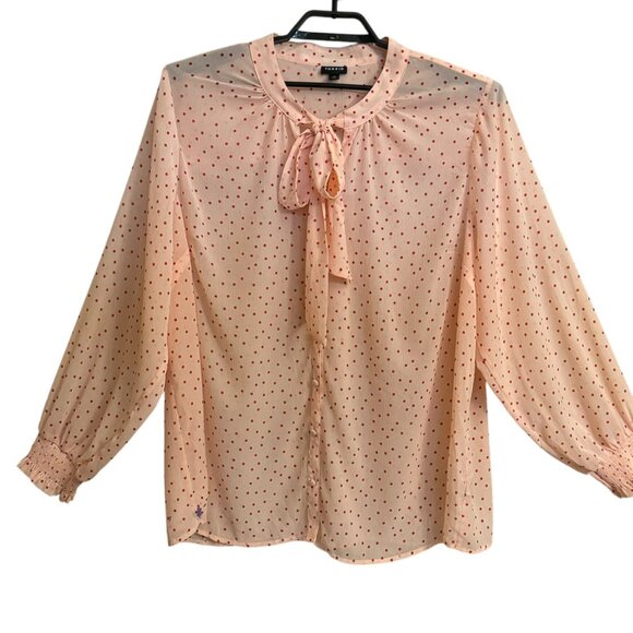 Torrid Womens Polka Dot Blouse 3X Light Pink Red Polyester Sheer Front Tie Bow - Picture 1 of 16